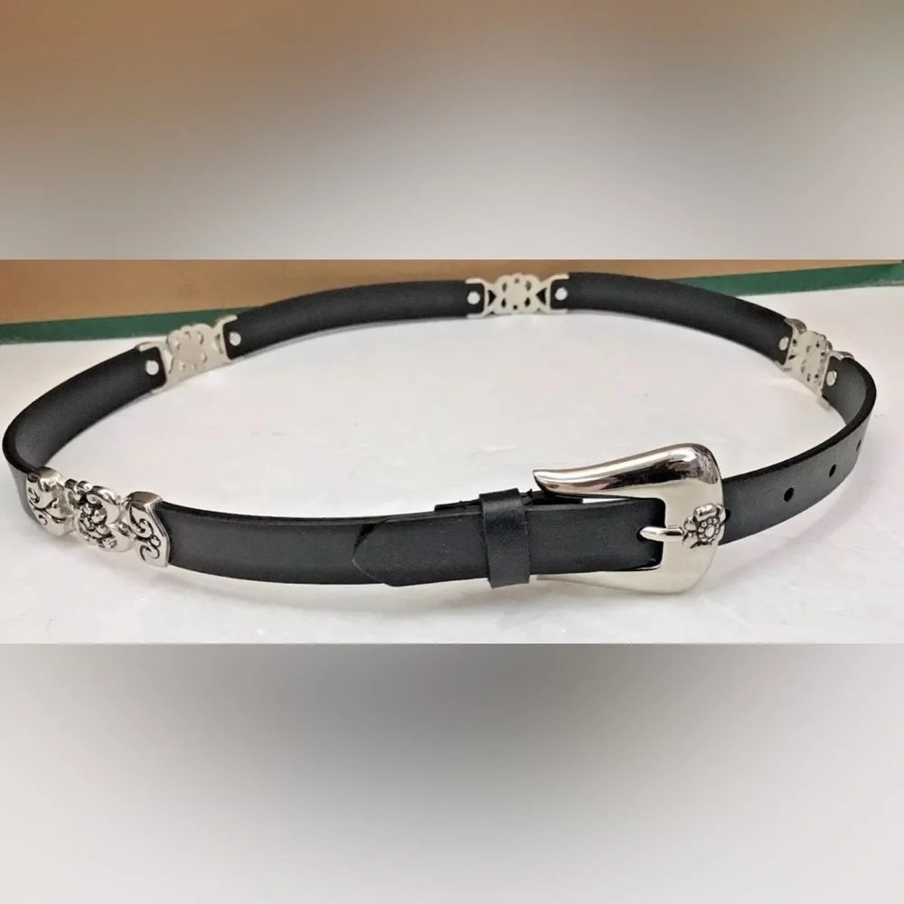 Women’s Black Leather Belt with Silver Metal Floral Buckle and Silver Trim XL
